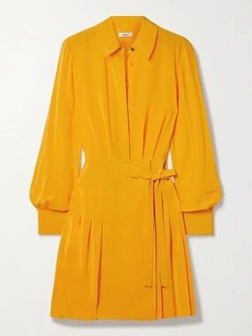 JASON WU Yellow Wrap-Effect Pleated Silk-Crepe Mini Shirt Dress